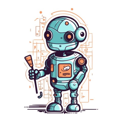 Robot with screwdriver. Cute cartoon character. Vector illustrat