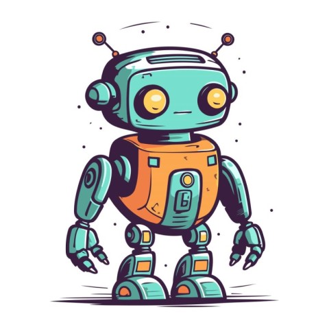 Cute cartoon robot. Hand drawn vector illustration. Isolated on