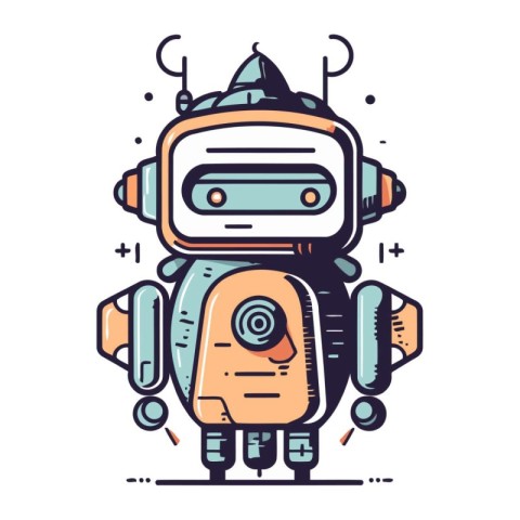 Cute robot with headphones. Vector illustration in line art styl