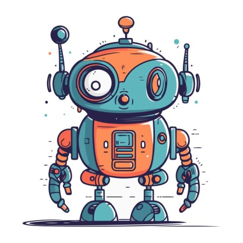 Cute cartoon robot. Hand drawn vector illustration isolated on w