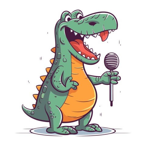 Cute cartoon crocodile character singing into a microphone. Vect