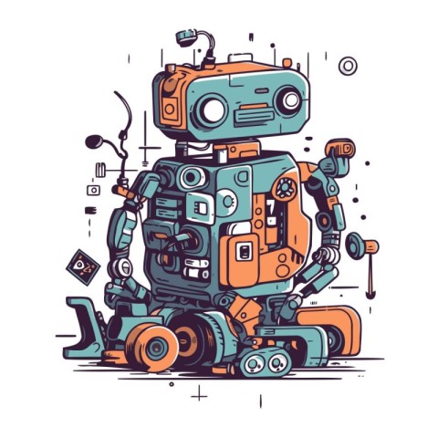 Vector illustration of robot. Cute hand drawn cartoon robot. Doo