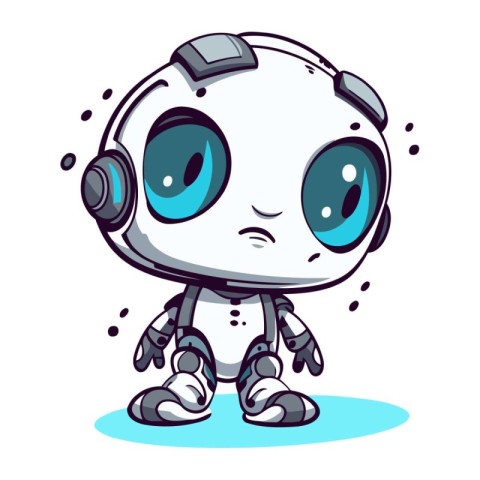 Cute little robot with big eyes and headphones. Vector illustrat