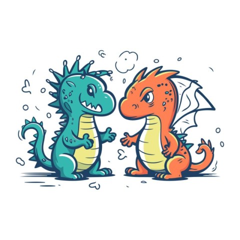 Cartoon dragon couple. Hand drawn vector illustration. Isolated