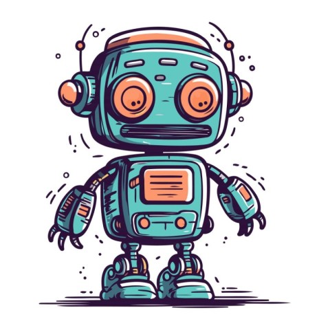 Cute cartoon robot. Hand drawn vector illustration. Isolated on