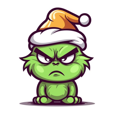 Angry green monster in a Santa Claus hat. Vector illustration.