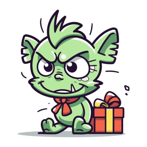 Angry monster with gift box. Cute cartoon vector illustration.