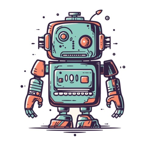 Retro robot. Hand drawn vector illustration in cartoon comic sty