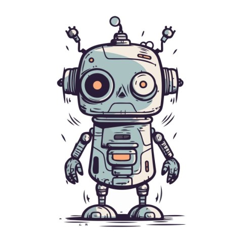 Cute cartoon robot. Hand drawn vector illustration. Isolated on