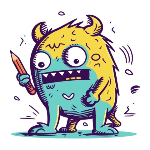 Funny monster with a pencil in his hand. Vector illustration.