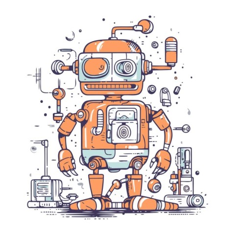 Robot with different tools. Vector illustration in doodle style.