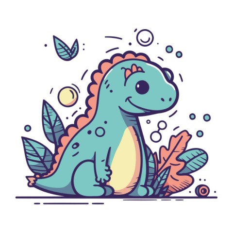 Cute cartoon dinosaur with flowers and leaves. Colorful vector i