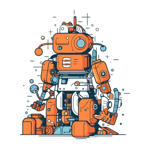 Vector illustration of robot in flat line style. Cute robot.