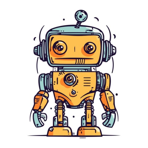 Cartoon robot. Vector illustration. Cute hand drawn robot.