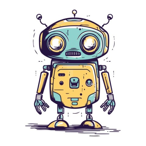 Cute retro robot. Hand drawn vector illustration isolated on whi