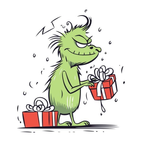 Funny monster with gift box. Vector illustration in cartoon styl