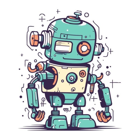 Vector illustration of cute cartoon robot. Hand drawn doodle sty