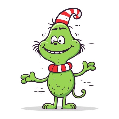 Funny green monster in christmas hat and scarf. Vector illustrat