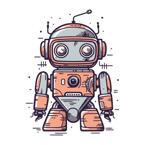 Cartoon robot. Hand drawn vector illustration in doodle style.