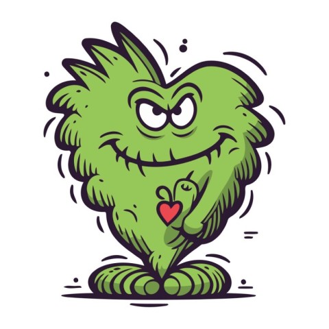 Funny green monster with heart in his hand. Vector illustration.