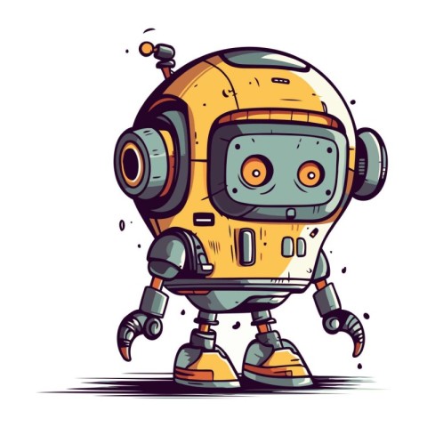 Cute cartoon robot with headphones. Vector illustration on white