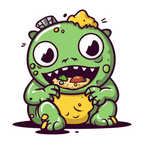 Cute cartoon green monster eating a slice of pizza. Vector illus