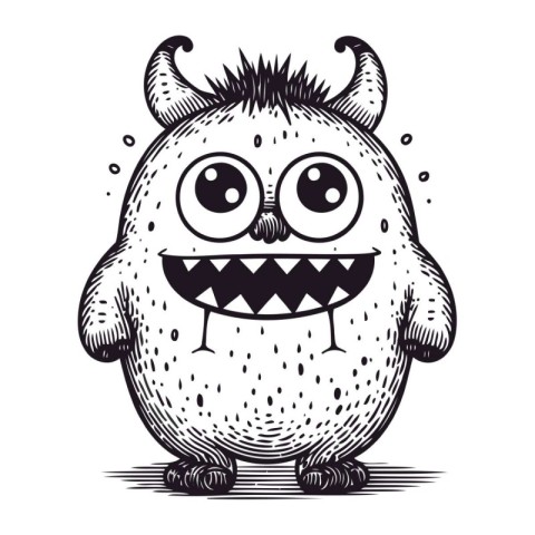 Angry cartoon monster. Vector illustration in black and white co