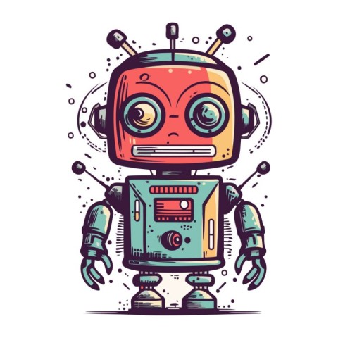 Cute cartoon robot. Hand drawn vector illustration. Doodle style