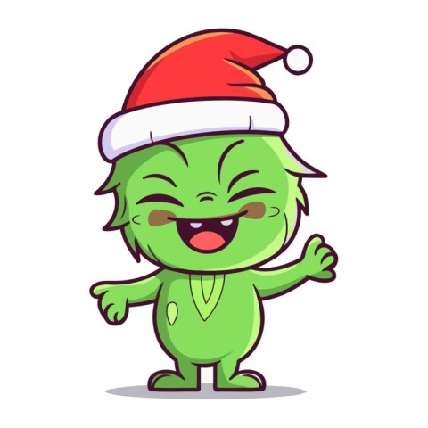 Cute green monster character in santa hat. Vector illustration.