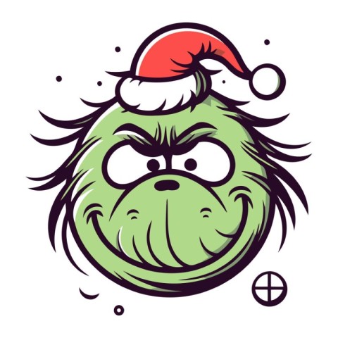 Funny green monster with christmas hat. Vector cartoon illustrat