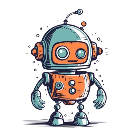 Cute cartoon robot. Hand drawn vector illustration isolated on w
