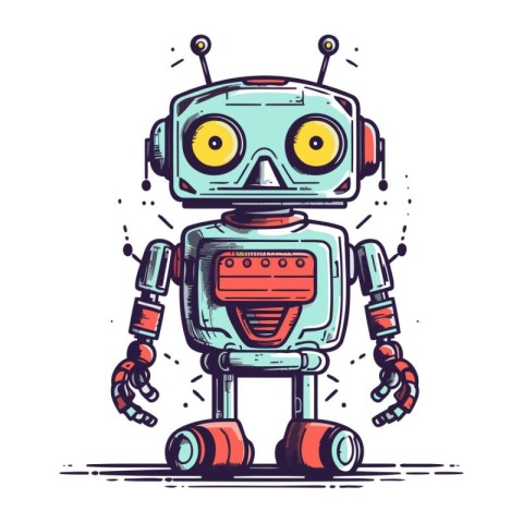 Retro robot. Vector illustration in doodle style. Isolated on wh