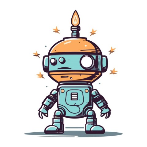 Cute cartoon robot character with a birthday candle. Vector illu