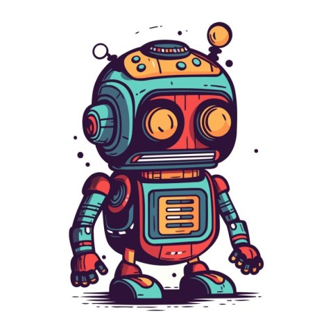 Retro robot. Hand drawn vector illustration. Isolated on white b