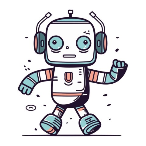 Cute robot with headphones. Vector illustration in doodle style.