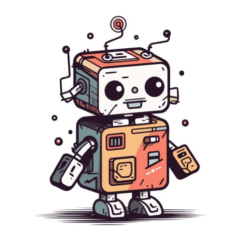 Robot with suitcase. Cute cartoon character. Vector illustration