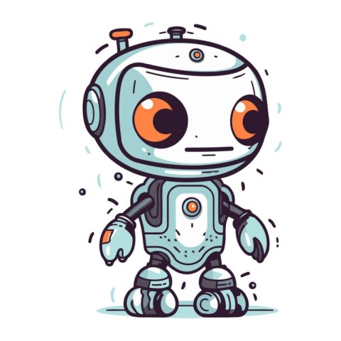 Cute little robot. Hand drawn vector illustration in cartoon sty