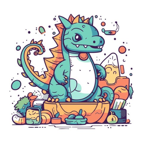 Vector illustration of a cute cartoon dragon with a bowl full of