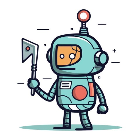 Cute cartoon robot holding flag. Vector illustration in a flat s