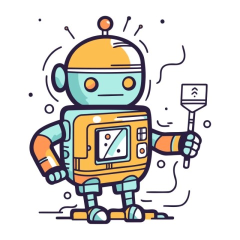 Vector illustration of cute robot in flat line style. Isolated o