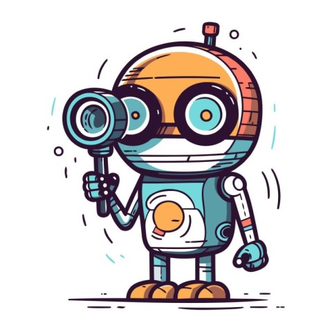 Cute robot with binoculars. Hand drawn vector illustration.