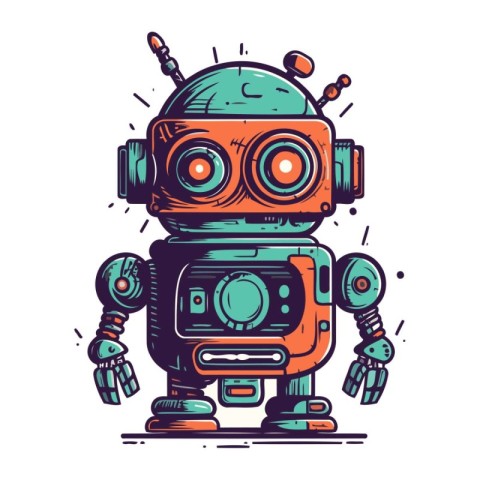 Retro robot. Hand drawn vector illustration. Isolated on white b