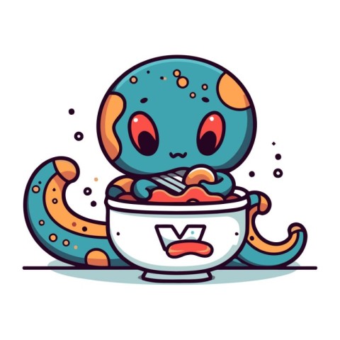 Cute cartoon octopus eating a bowl of cereals. Vector illustrati