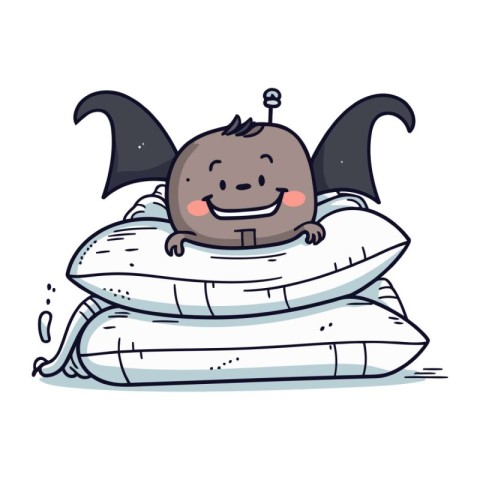 Cute Cartoon Monster Sleeping on Pillow. Vector Illustration.