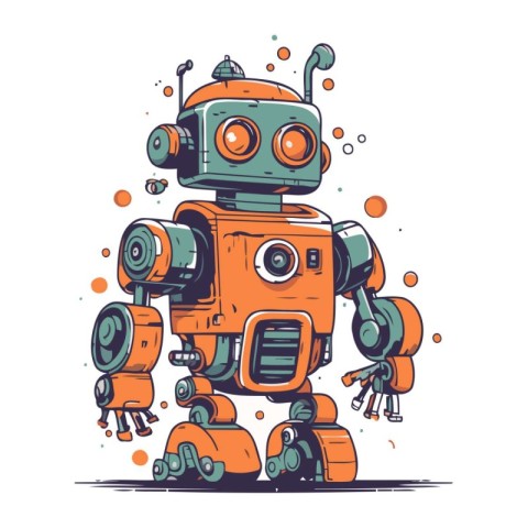 Retro robot. Hand drawn vector illustration in cartoon comic sty