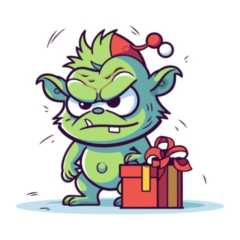 Funny monster with christmas gift. Vector illustration. Cartoon