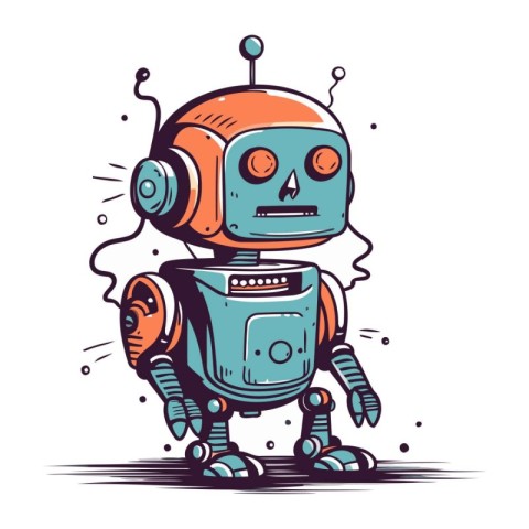 Cute robot hand drawn vector illustration. Cartoon doodle robot.