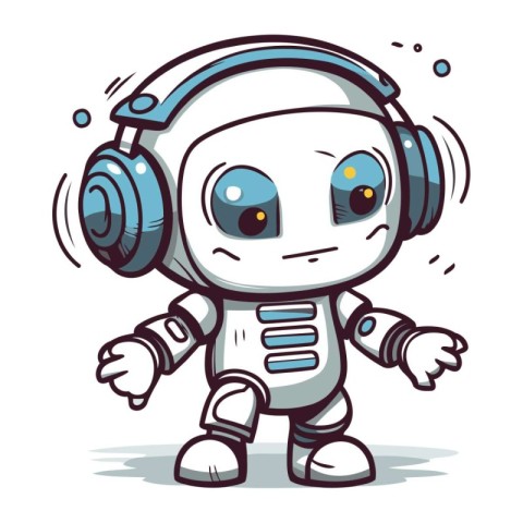 Cute cartoon robot with headphones. Vector illustration on white