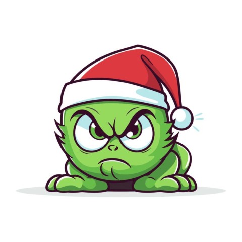 Green monster in Santa Claus hat. Cartoon character. Vector illu