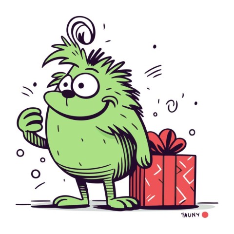 Funny cartoon monster with a gift box. Vector illustration for y